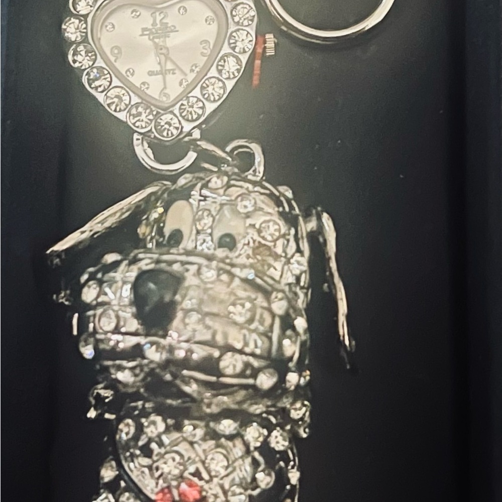Rhinestone Dog Keychain Charm with Heart Watch - Silver